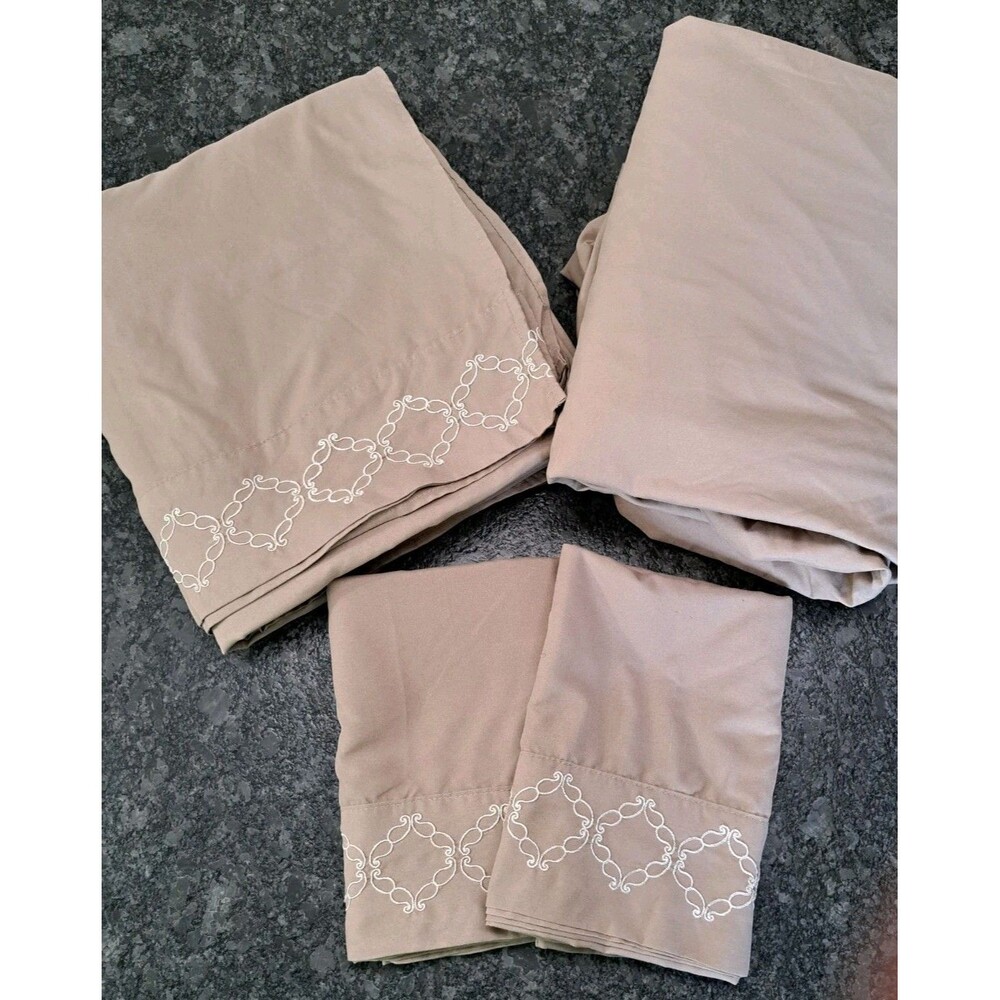 Huntington Home 4 Piece King Sheet & Pillowcase Set Tan Taupe Hem Embroidered